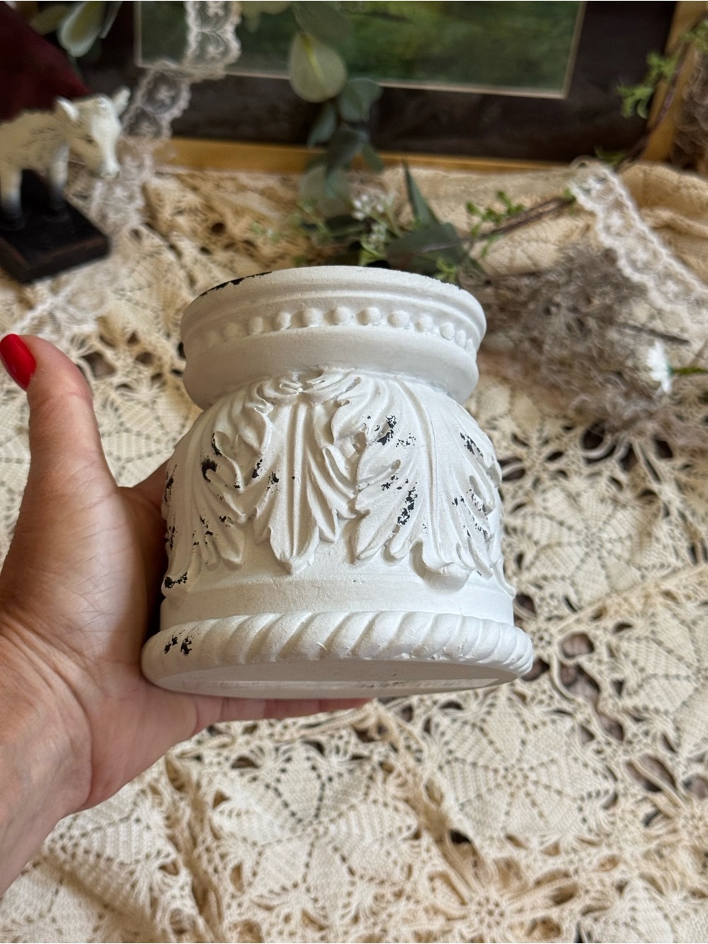 White Distressed Decorative Pillar Candle Holder - Picture 3 of 5